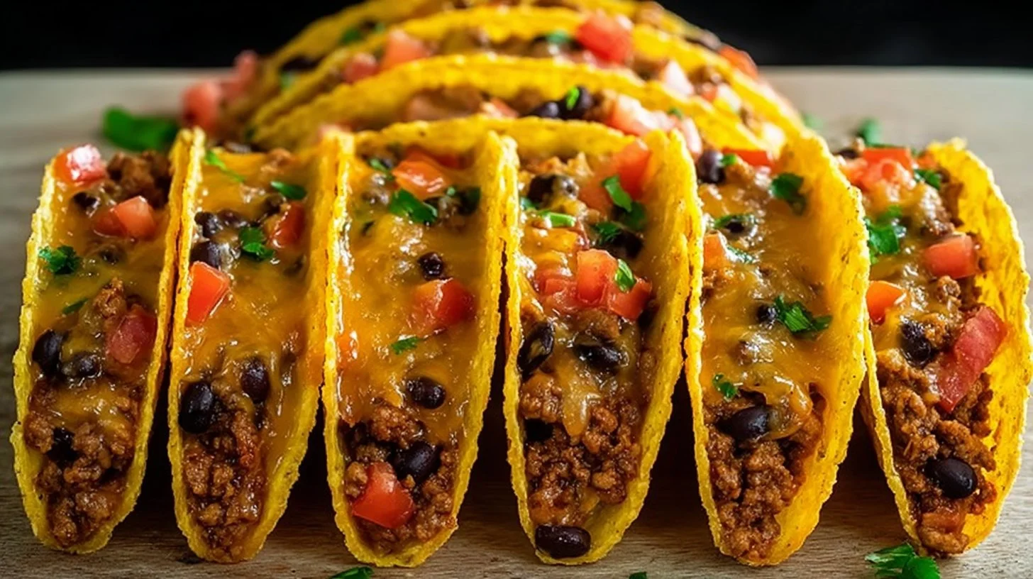 Deliciously baked tacos topped with cheese and fresh ingredients.