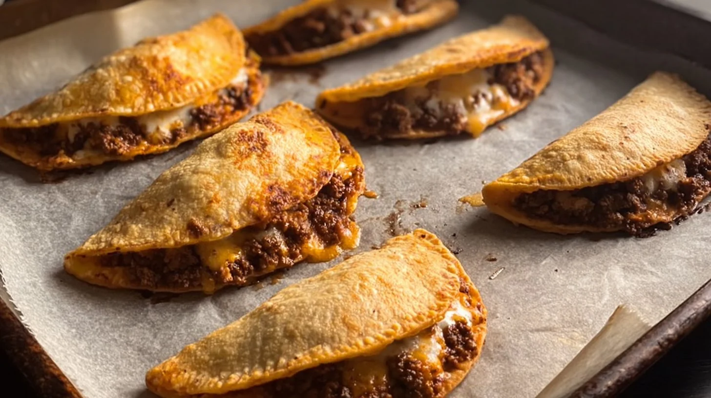 Delicious baked tacos served on a plate with fresh toppings