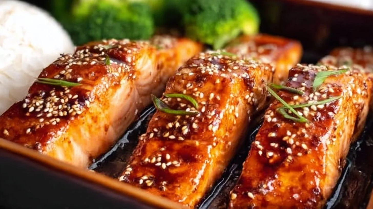Delicious Baked Teriyaki Salmon served with a side of vegetables