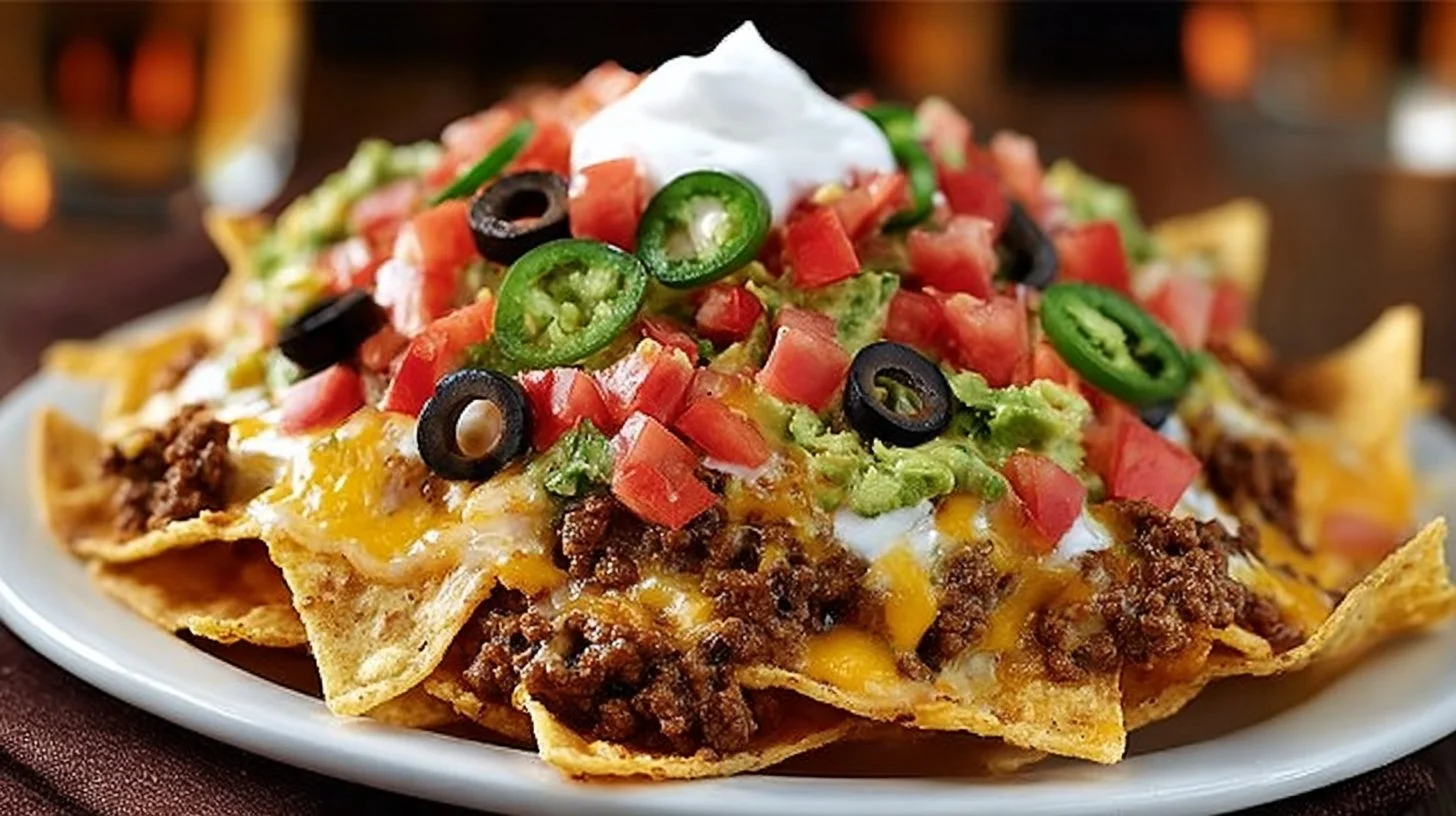 Delicious Beef Nachos Supreme topped with beef, cheese, and vibrant toppings