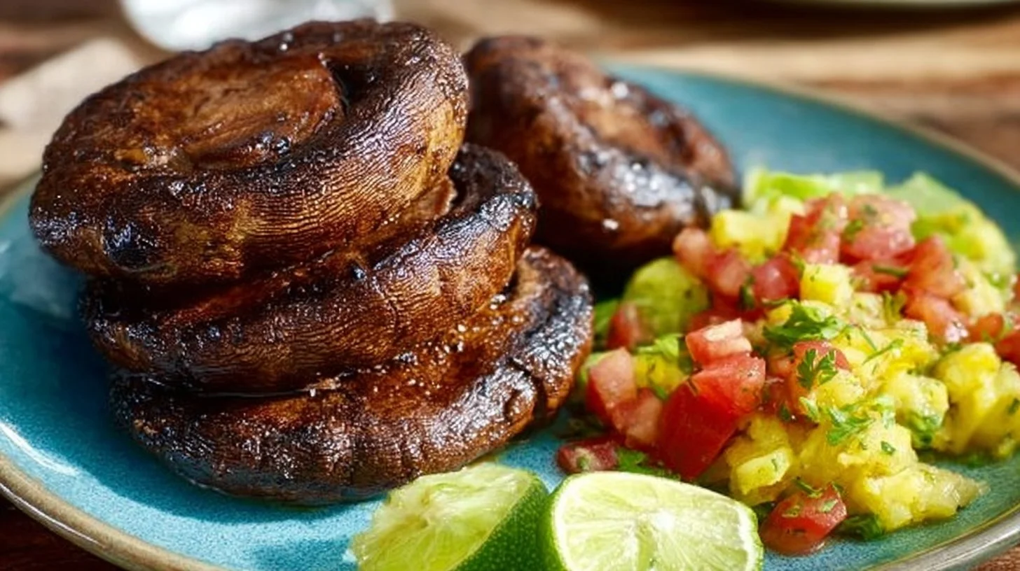 Deliciously grilled Portobello steaks served with fresh herbs and vegetables.