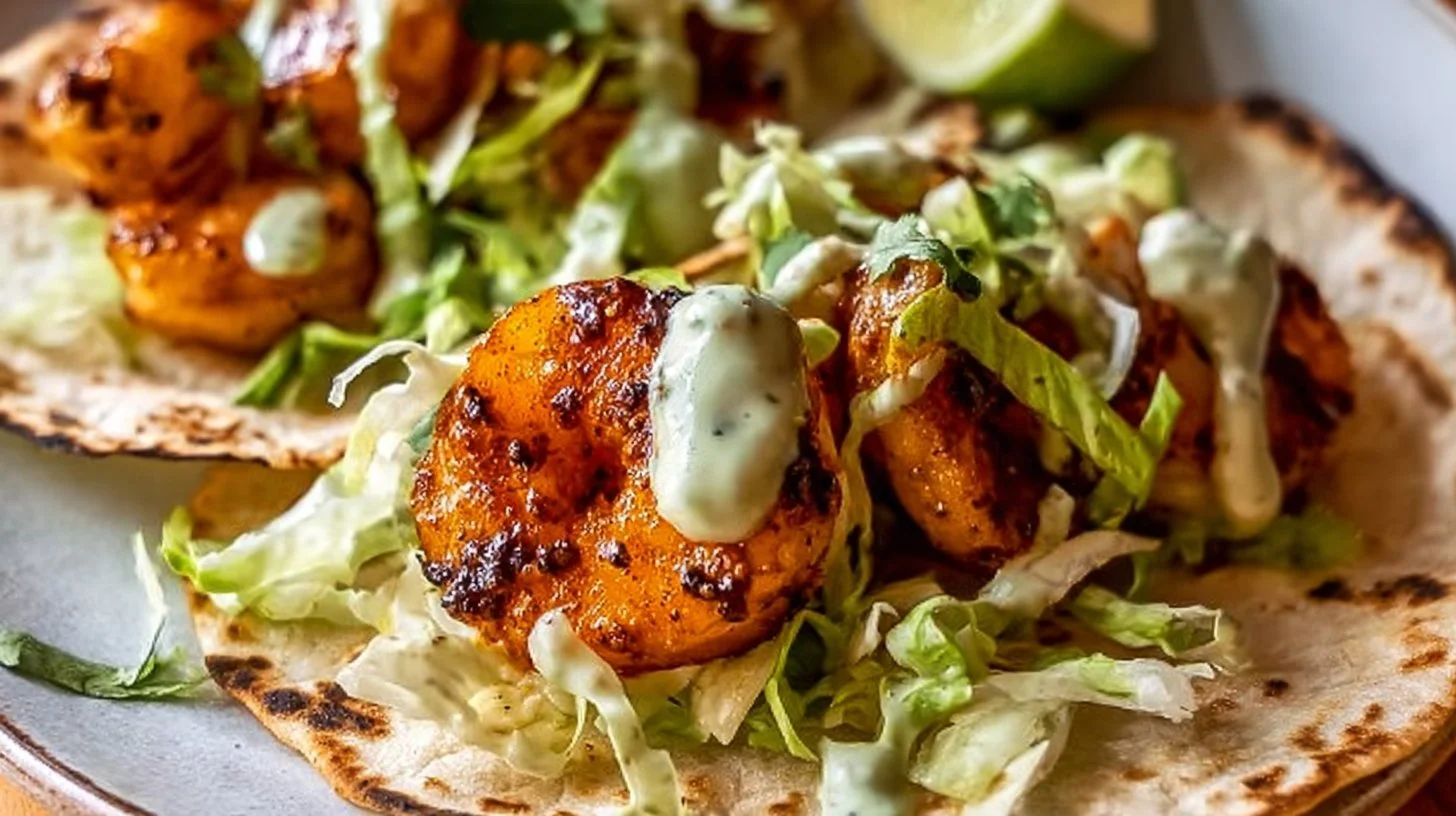 Delicious shrimp tacos garnished with fresh ingredients.