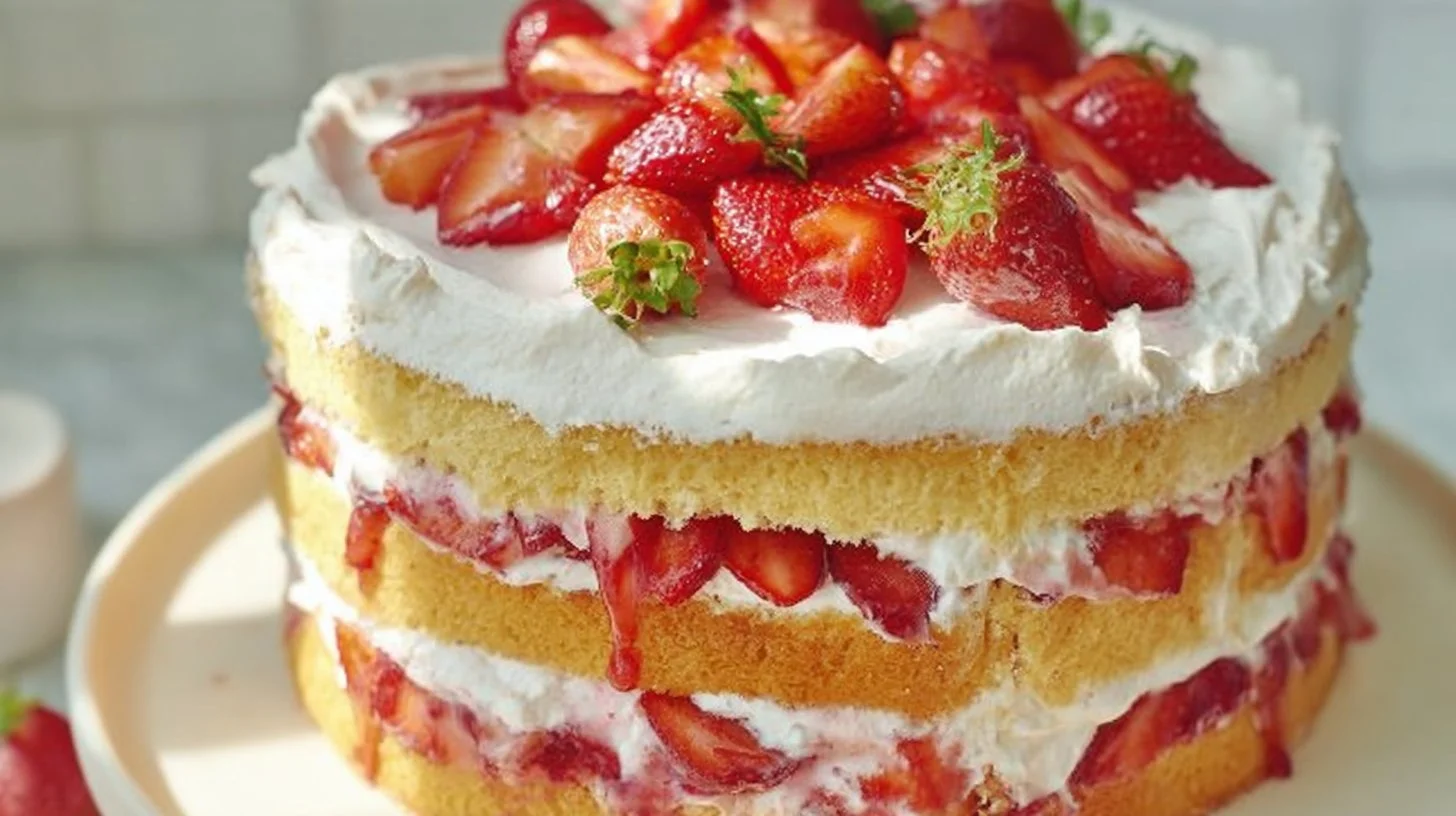 Delicious strawberry shortcake topped with fresh strawberries and whipped cream