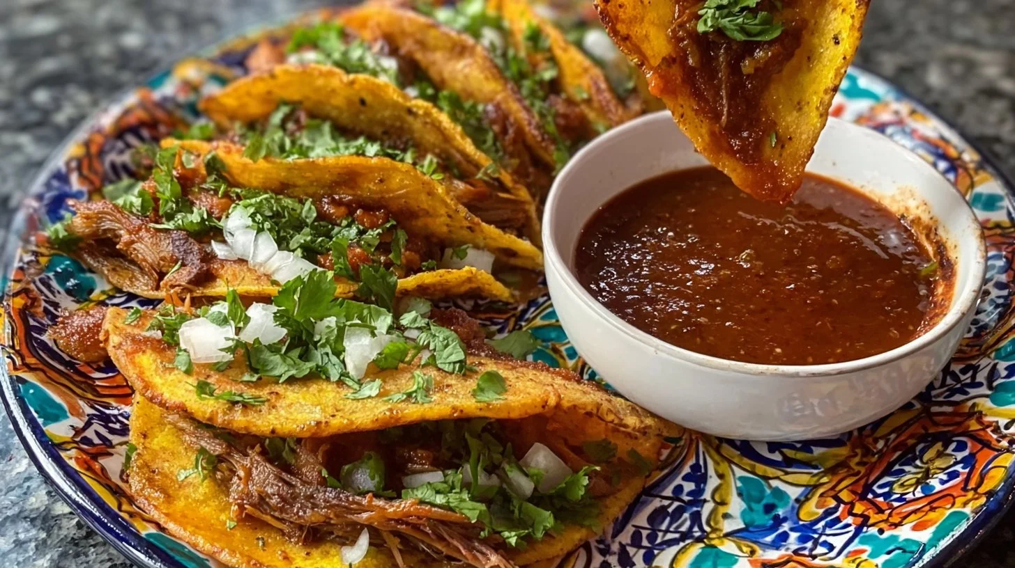 Delicious Birria Tacos served with consomé and garnished with fresh herbs