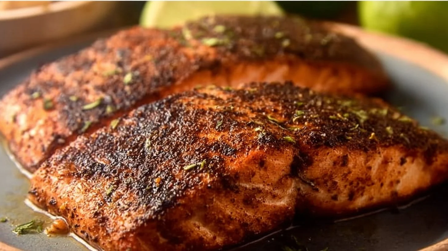 Delicious blackened salmon fillet with a crispy spice crust, served on a plate.