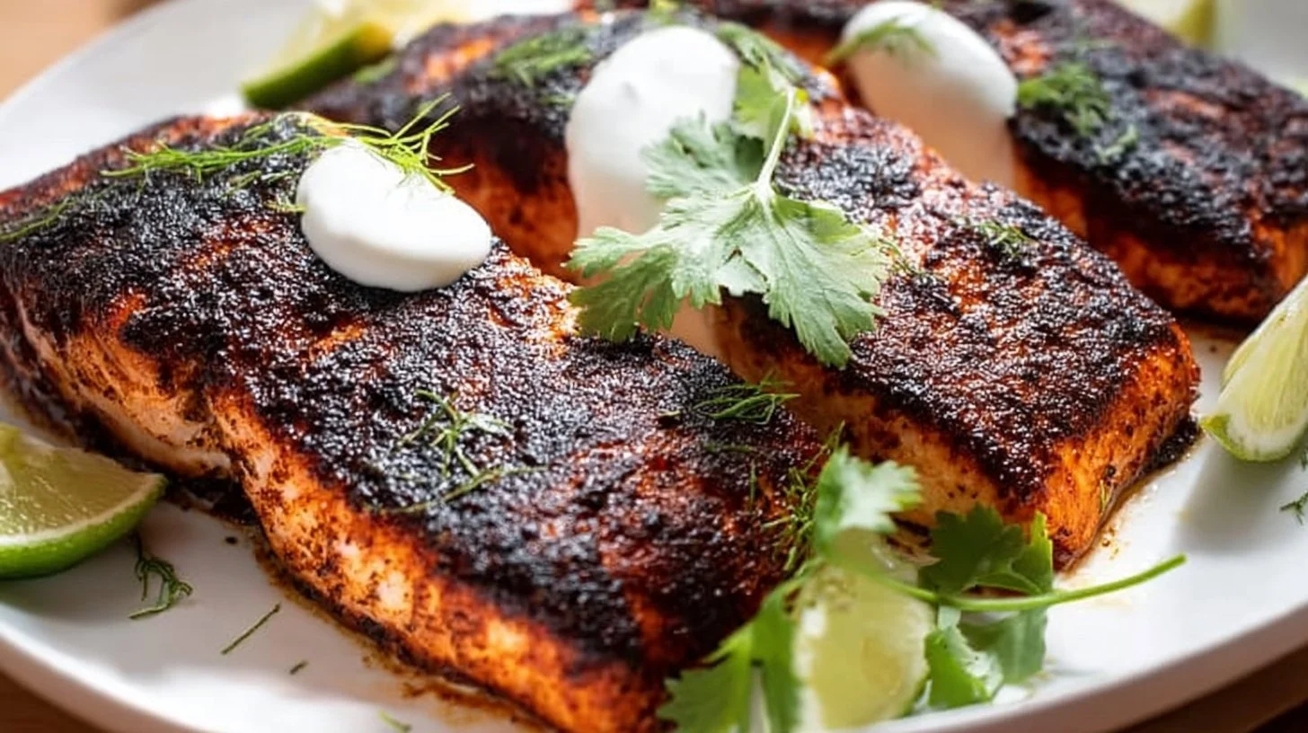Oven-baked blackened salmon served with dill sauce on a plate