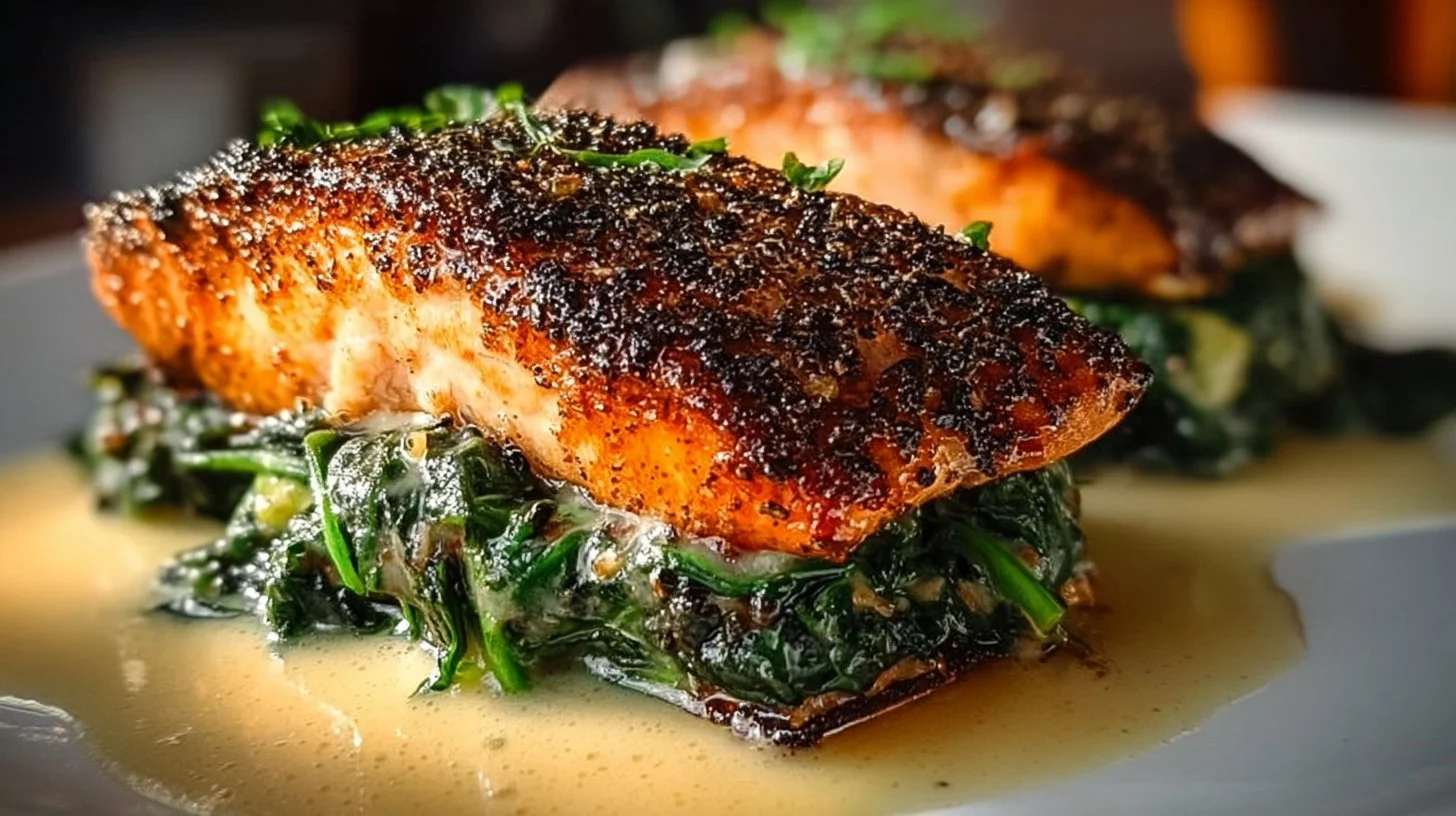 Delicious blackened salmon stuffed with spinach and parmesan cheese on a plate.