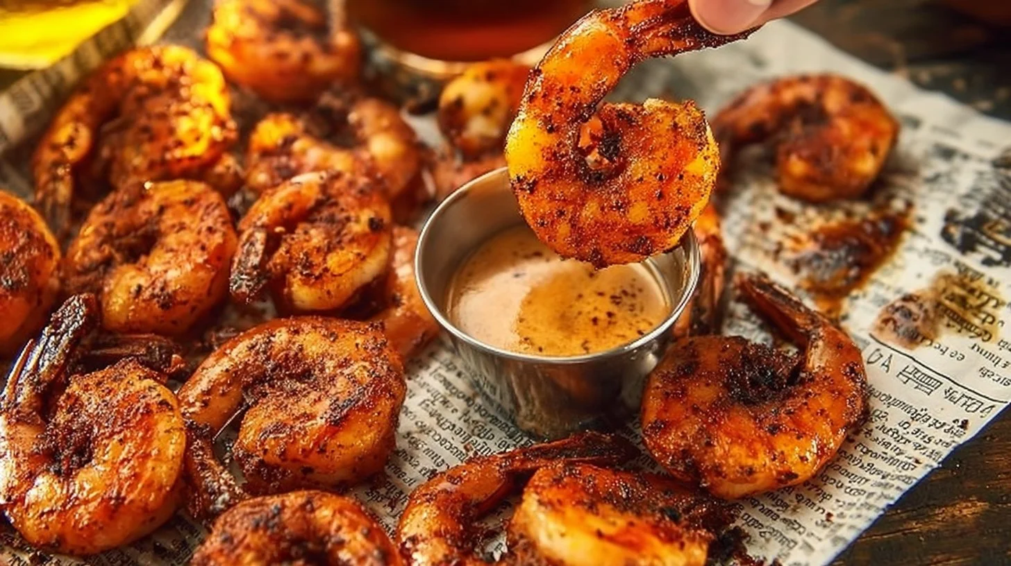 Delicious blackened shrimp served with herbs and spices on a white plate.