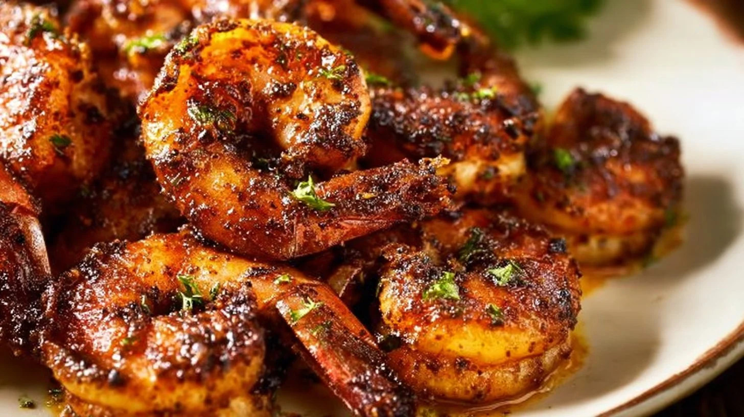 Delicious blackened shrimp served on a plate with tropical sides