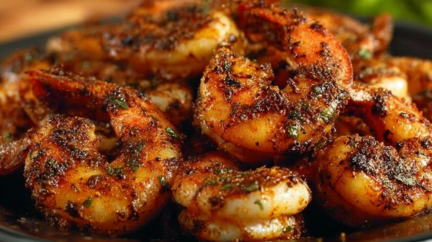 Delicious blackened shrimp dish served on a plate with spices and garnishes.