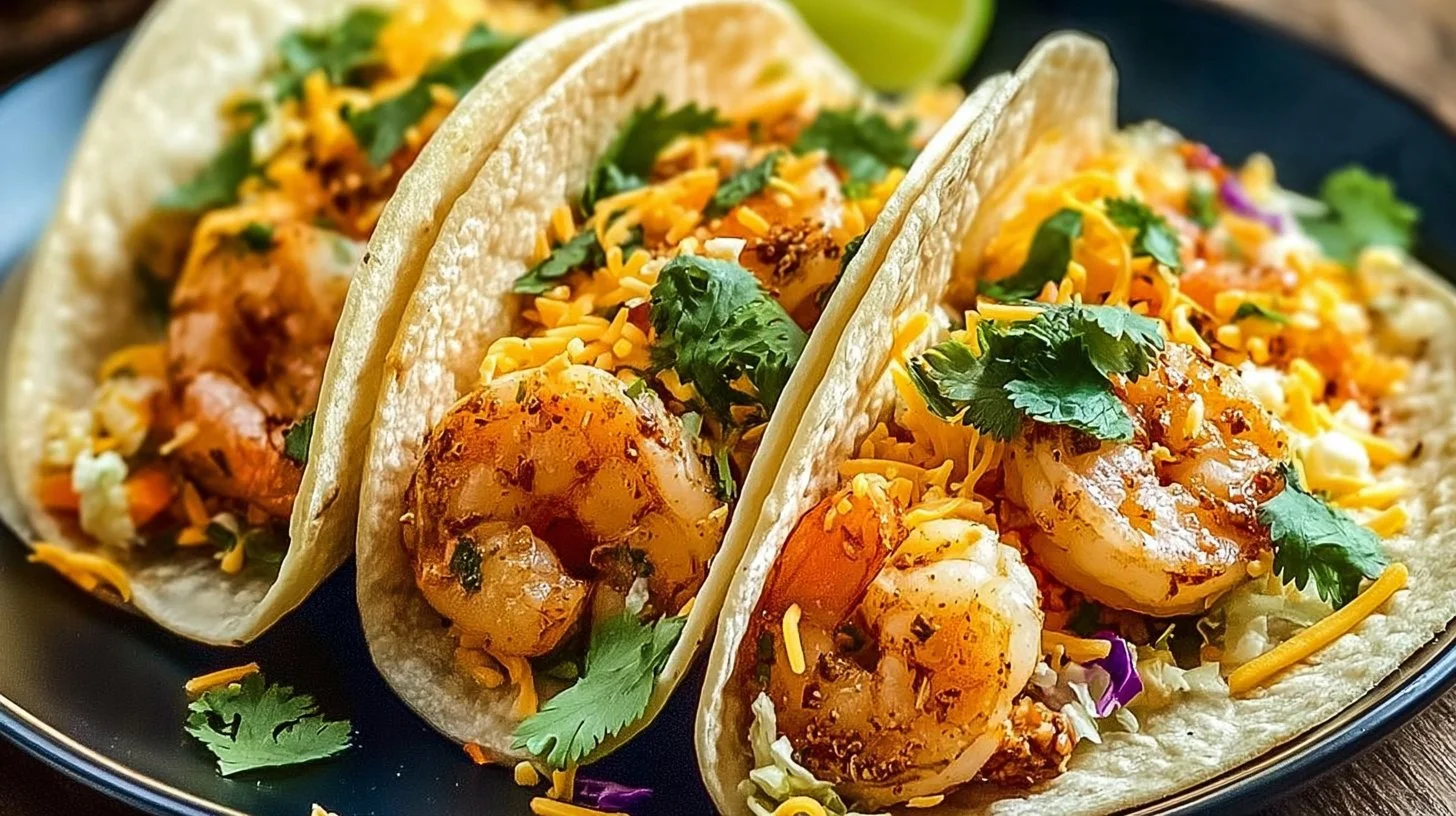 Bobby Flay's delicious shrimp tacos with vibrant toppings and spices