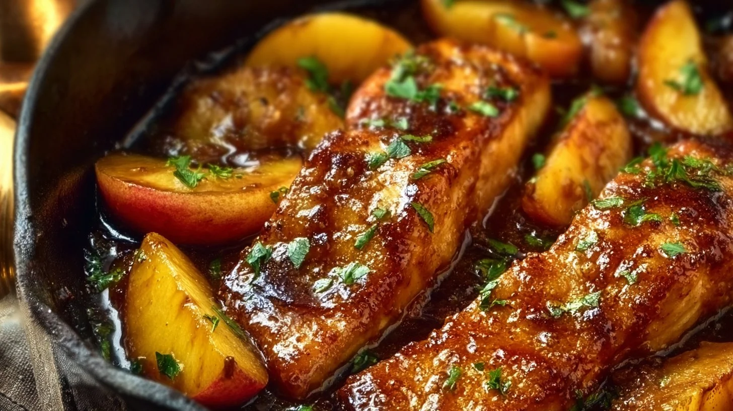 Bourbon Peach Roasted Salmon dish with vibrant peach glaze and herbs