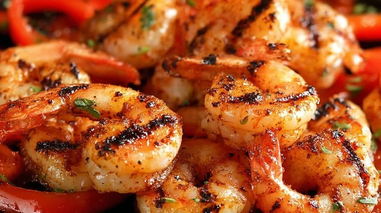 Delicious Cajun grilled shrimp served on a plate with spices and herbs.