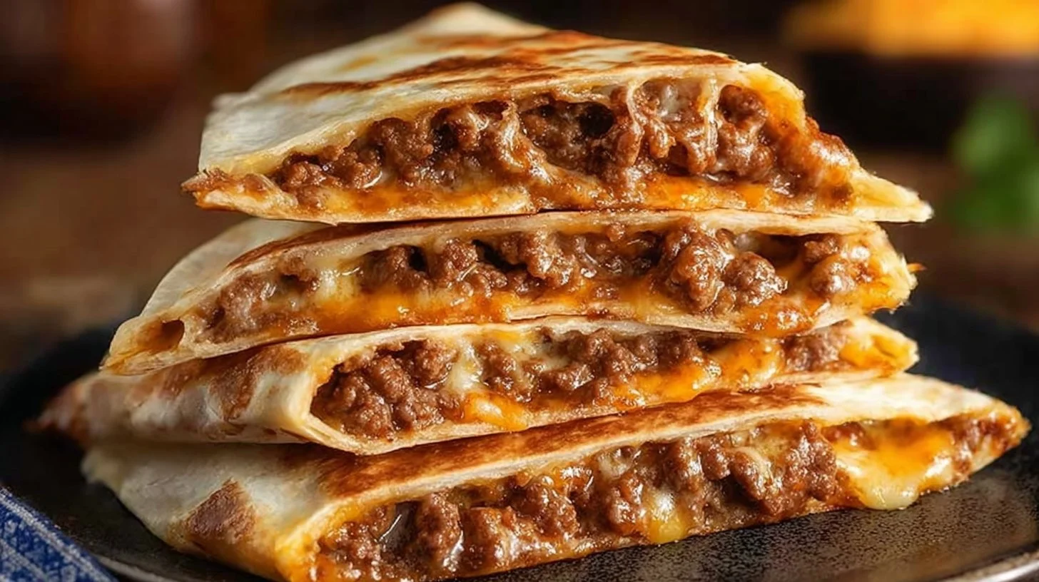 Cheesy ground beef quesadillas on a plate with toppings