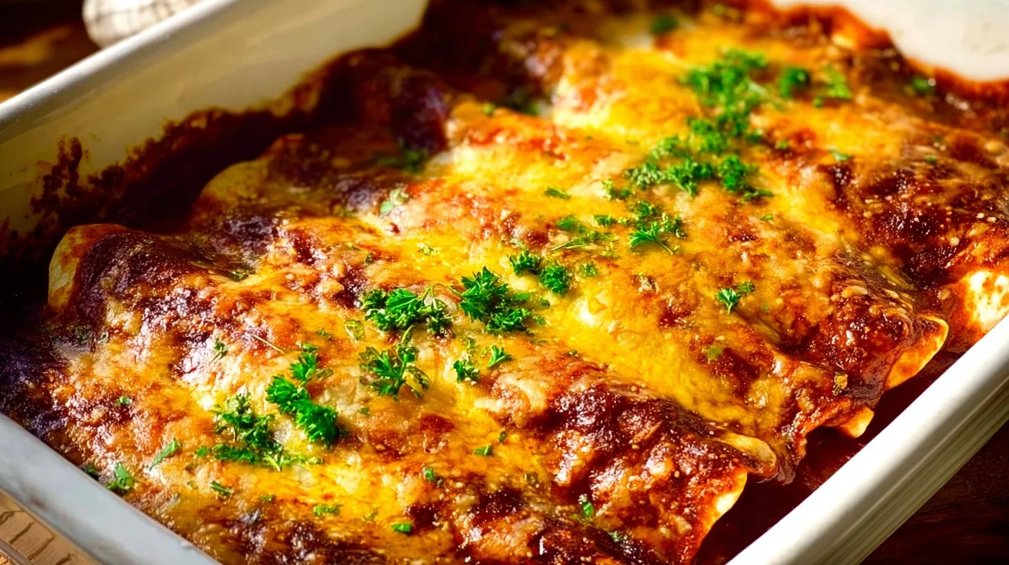 Plate of Chicken Enchiladas topped with homemade sauce and garnished with cilantro