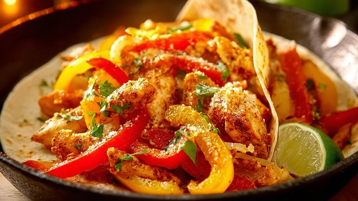 Plate of sizzling Chicken Fajitas with peppers and onions