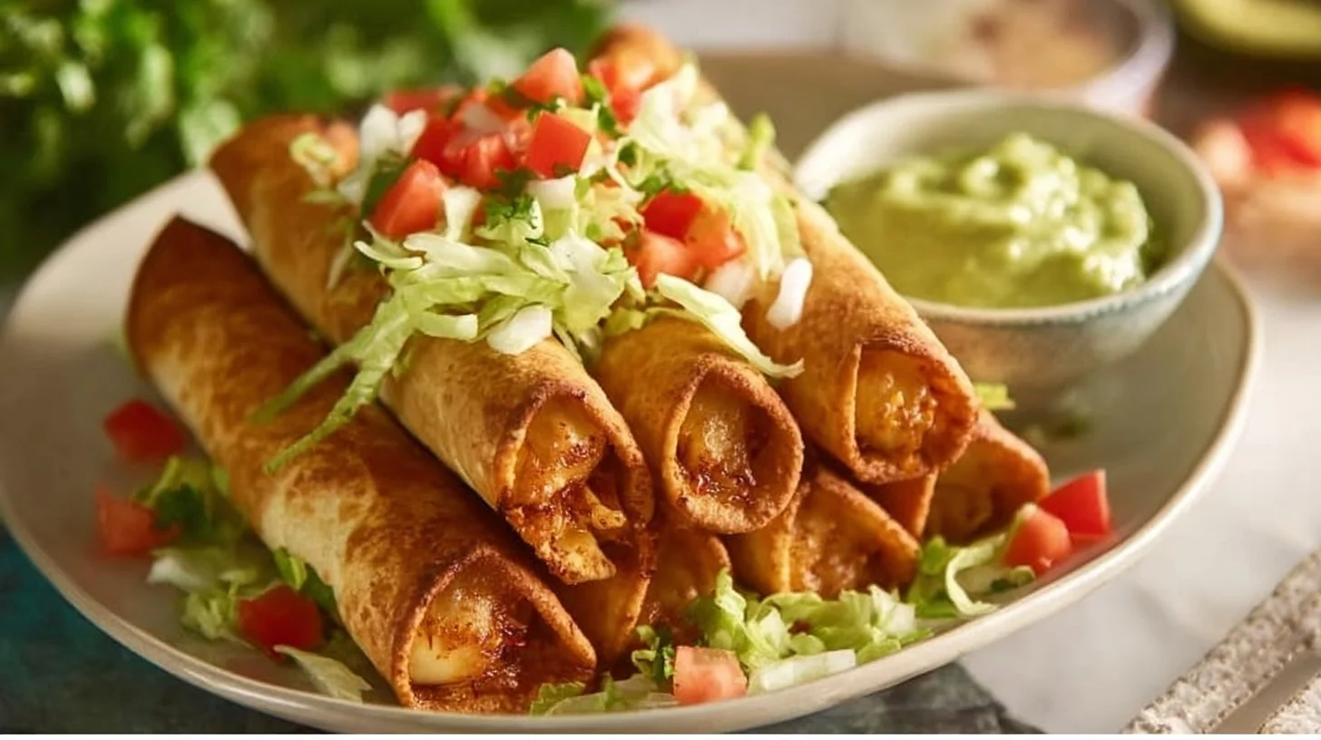 Delicious chicken flautas served with salsa and guacamole.