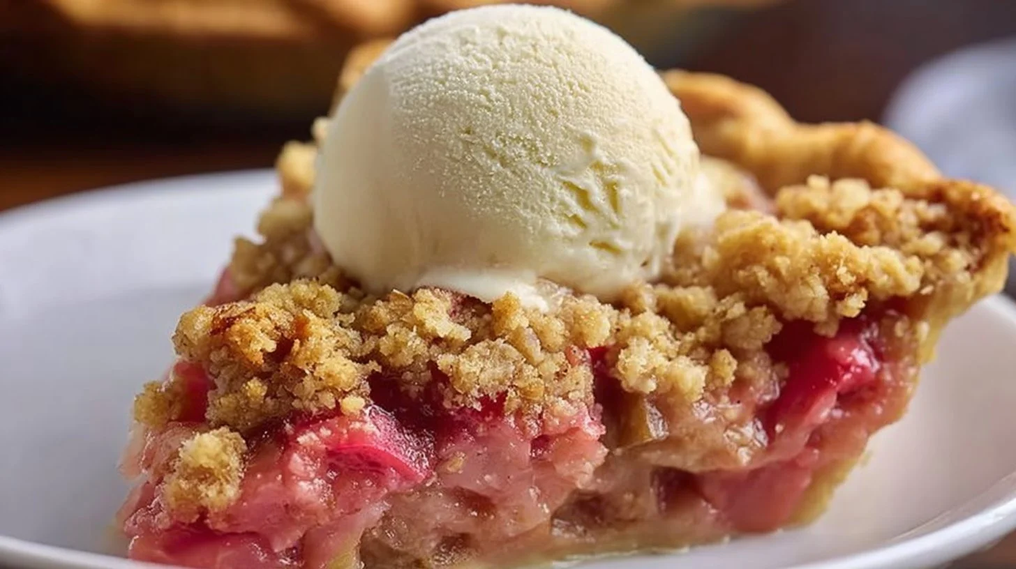 Classic rhubarb crumble pie with crumble topping on a wooden table