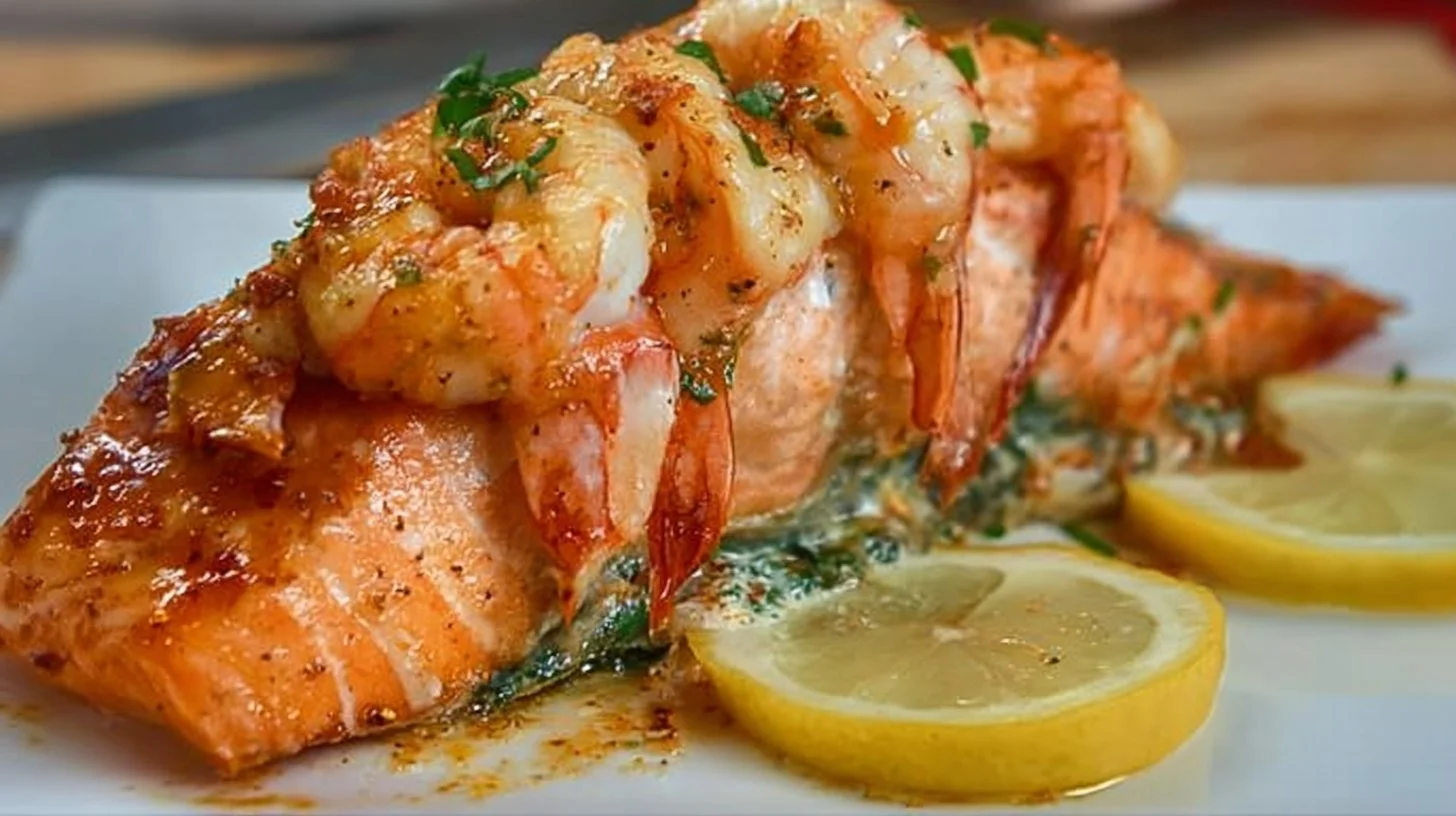 Crab and shrimp stuffed salmon on a plated dish garnished with herbs