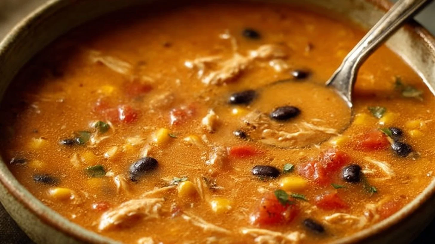 Creamy chicken tortilla soup garnished with tortilla strips and cilantro