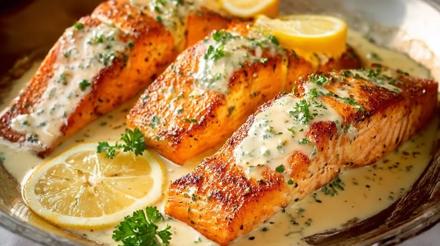 Plate of creamy garlic butter salmon garnished with herbs and lemon slices.