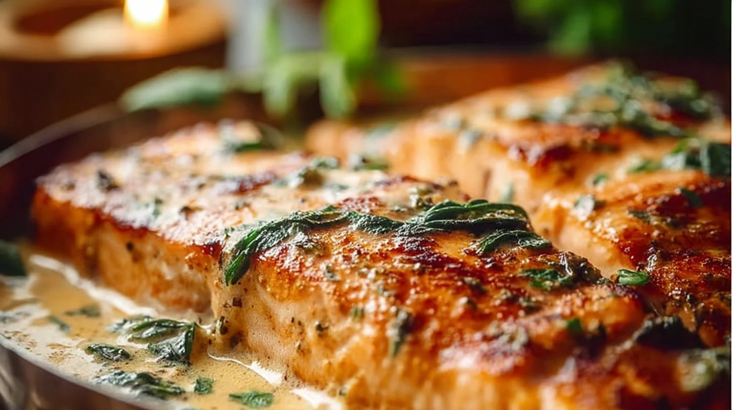 Creamy Garlic Butter Tuscan Salmon dish garnished with herbs