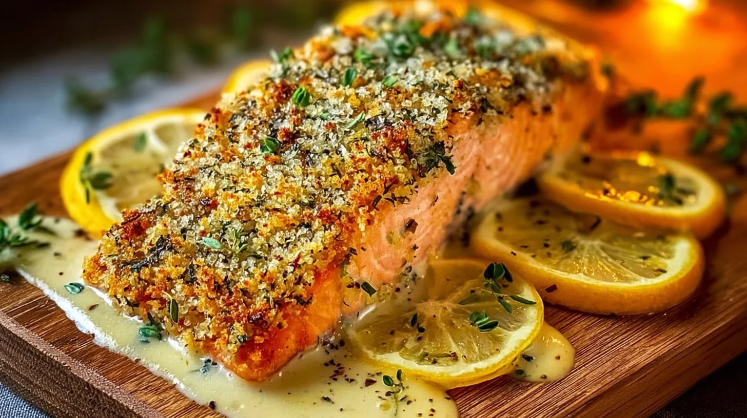 Crispy Parmesan Crusted Baked Salmon on a plate garnished with herbs