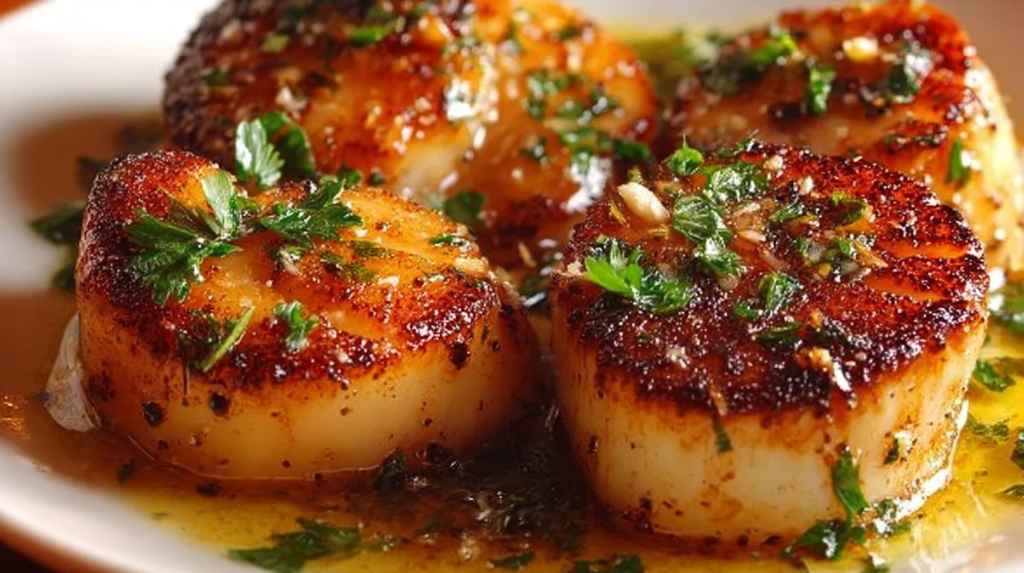 Crispy scallops served on a plate with garnishes and lemon