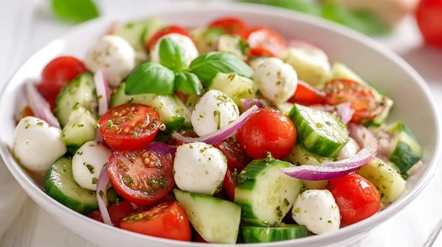 Cucumber Caprese Salad with cucumbers, mozzarella, and basil on a plate