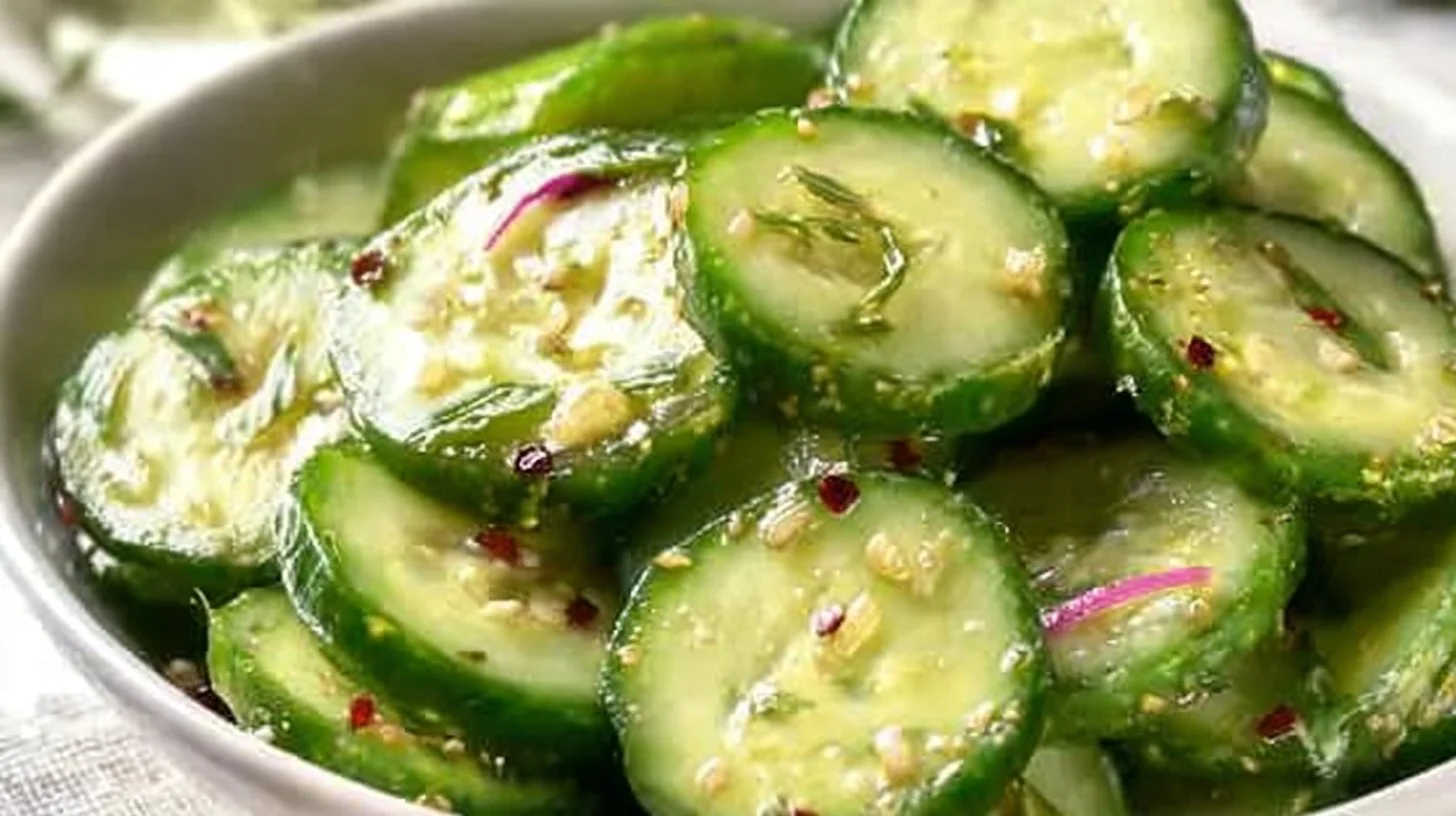 Fresh cucumber salad garnished with herbs and spices