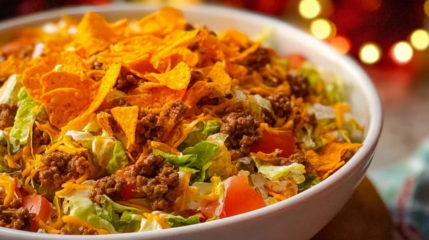 Bowl of colorful Dorito Taco Salad with toppings and nacho chips