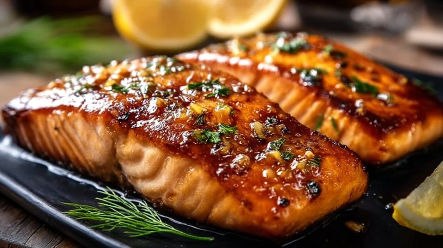 Crispy honey garlic glazed salmon served on a plate with garnishes.