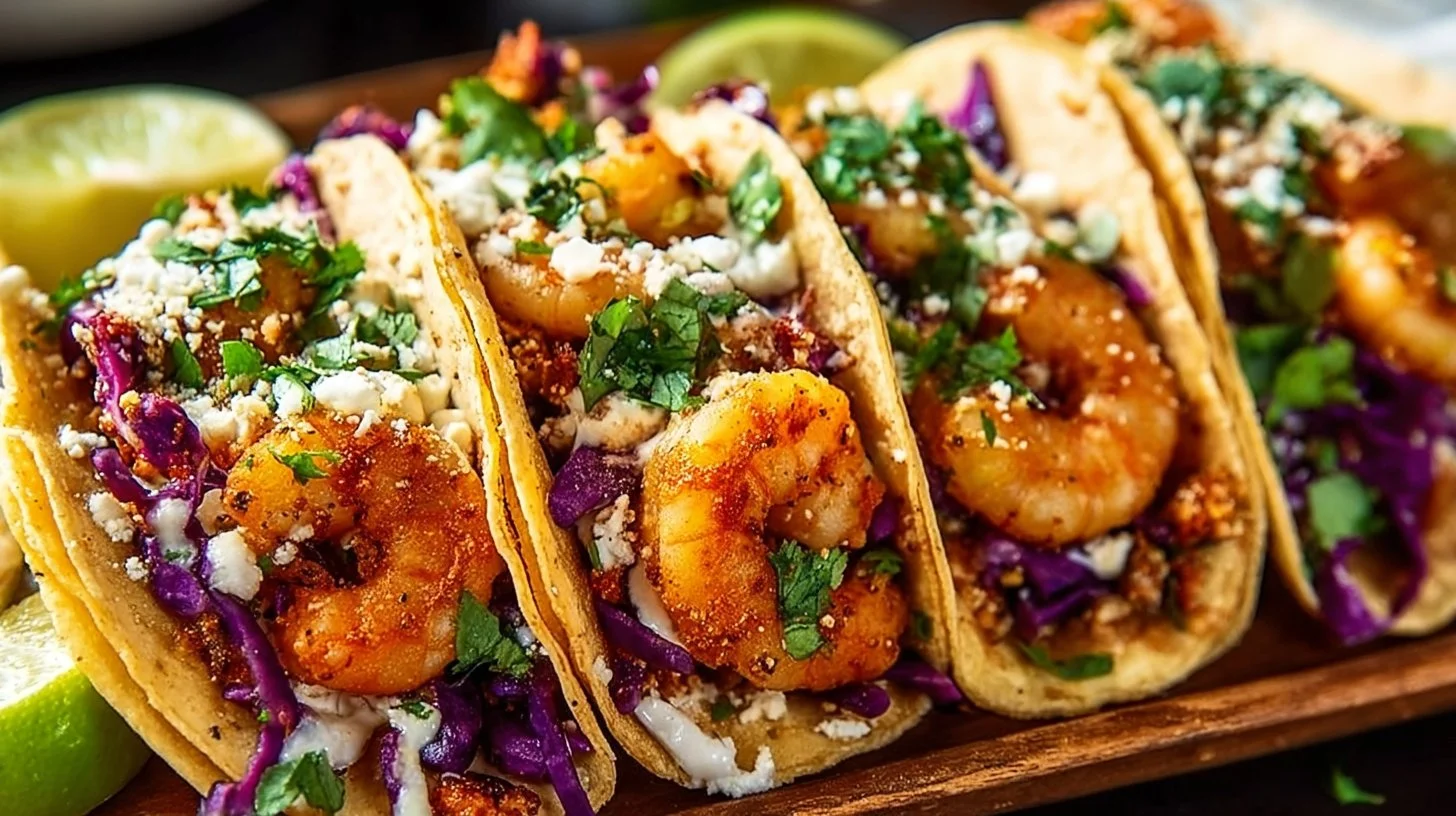 Delicious easy shrimp tacos garnished with fresh toppings