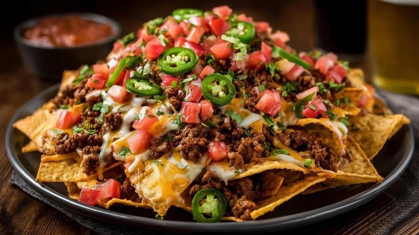 Delicious plate of epic Beef Nachos Supreme topped with cheese and beef