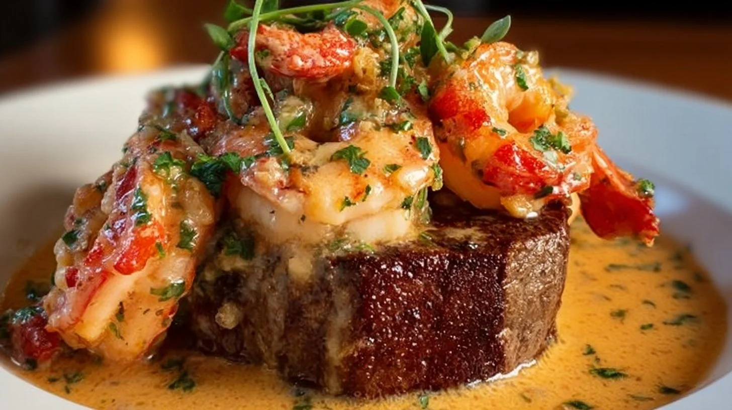 Plate of filet mignon with shrimp, garnished elegantly for a gourmet presentation.