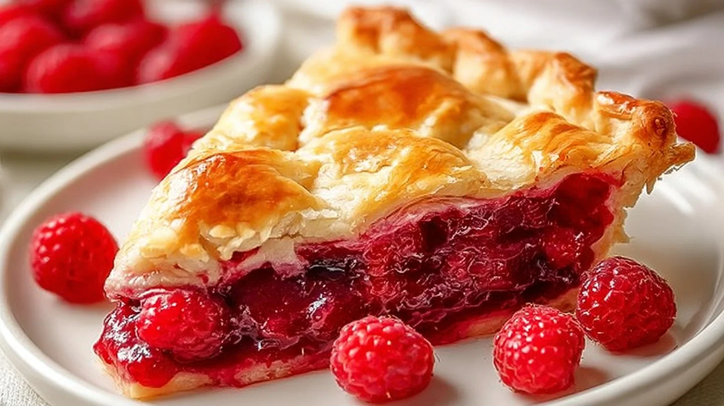 Flaky crust raspberry pie with fresh raspberries and a golden crust.
