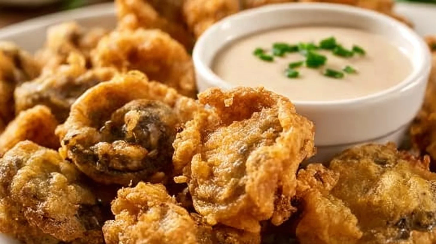 Crispy fried mushrooms served in a bowl, golden brown and appetizing.
