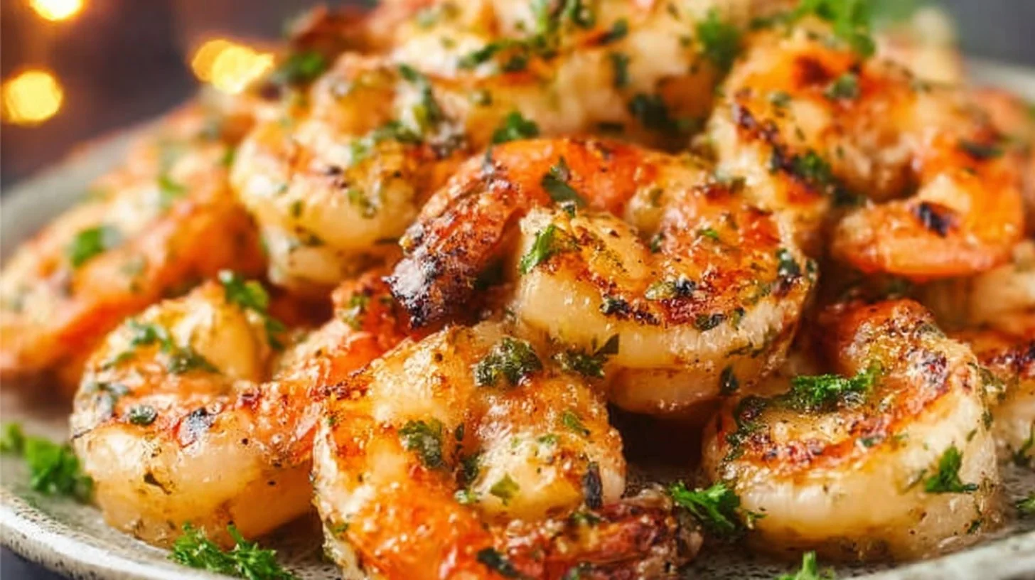 Delicious garlic grilled shrimp served on a plate with herbs.