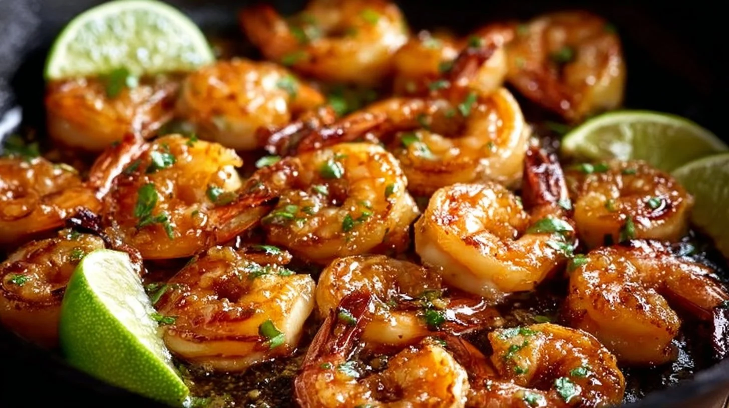 Garlic Honey Lime Shrimp dish served with lime wedges and fresh herbs.