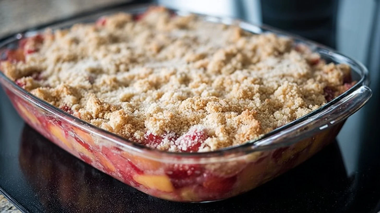 Delicious homemade rhubarb crisp with a golden crumble topping