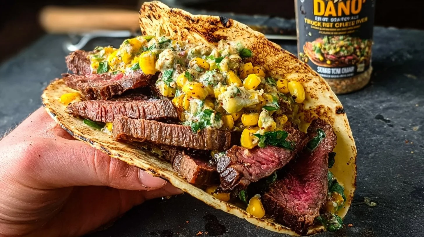 Delicious grilled elote steak tacos topped with fresh ingredients on a plate.
