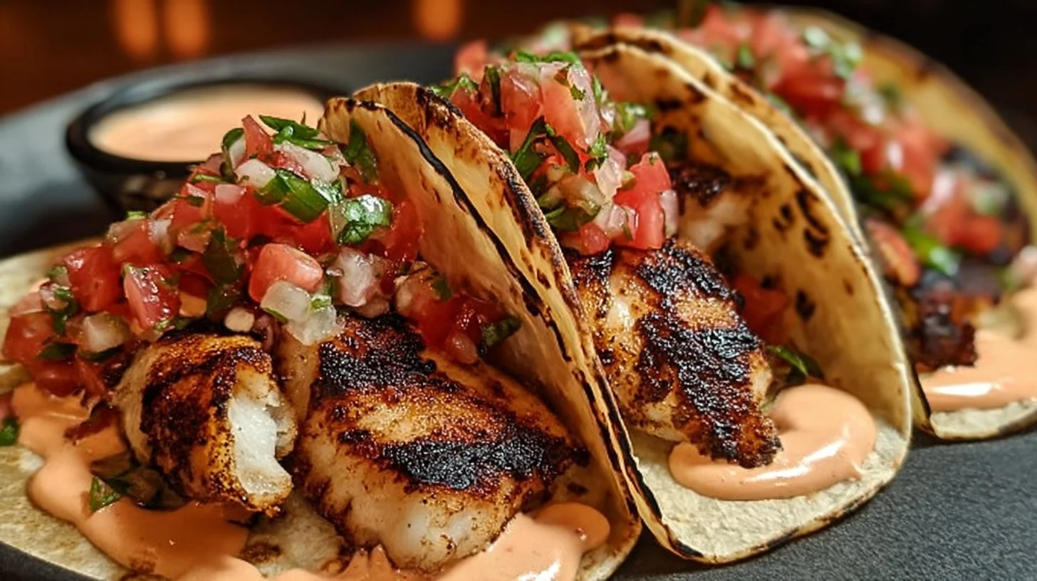 Grilled fish tacos topped with spicy mayo and pico de gallo