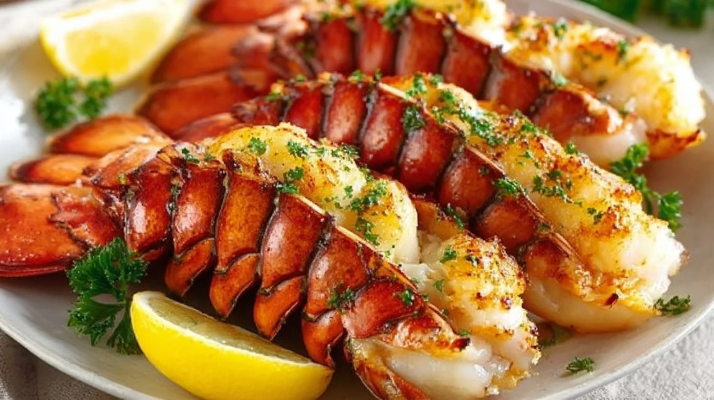 Grilled lobster tails brushed with lemon garlic butter, ready to serve.
