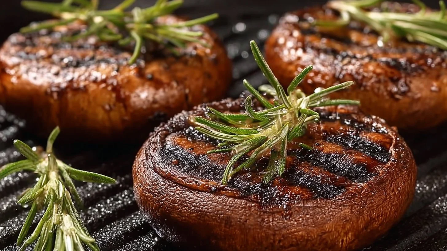 Grilled portobello mushrooms served on a plate with colorful vegetables