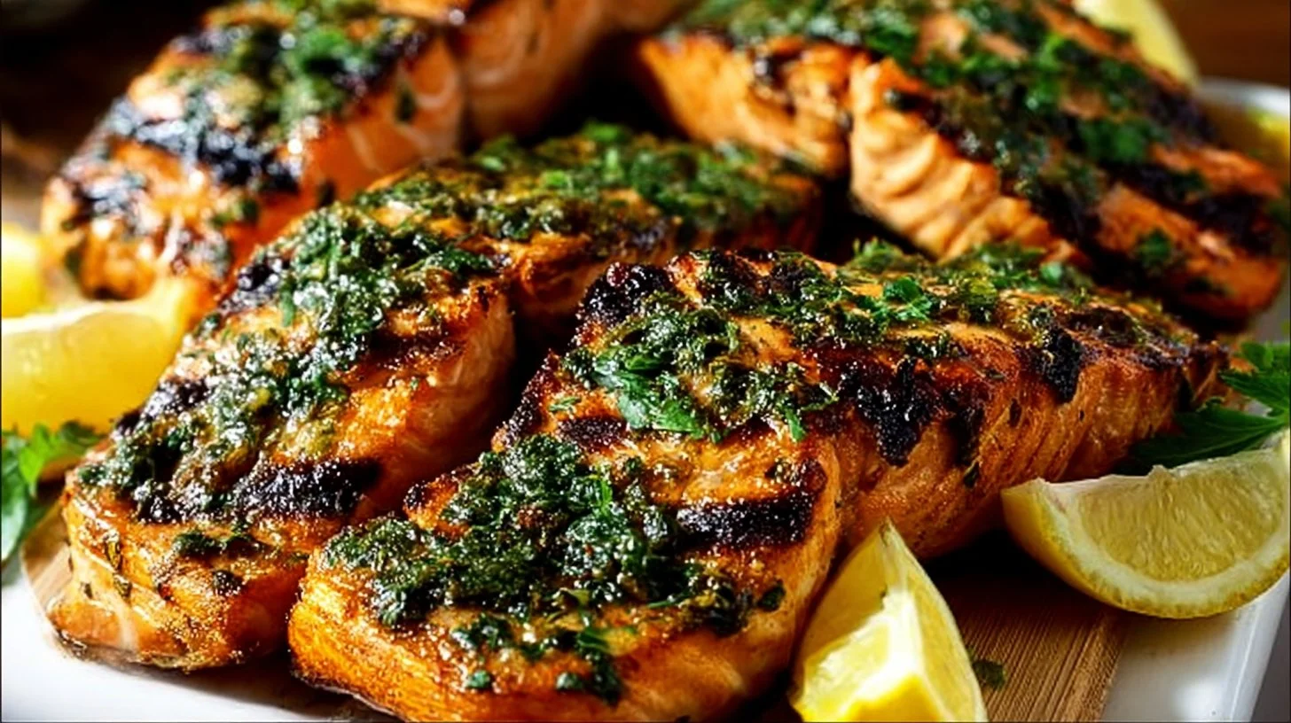 Delicious grilled salmon fillet garnished with herbs and lemon slices