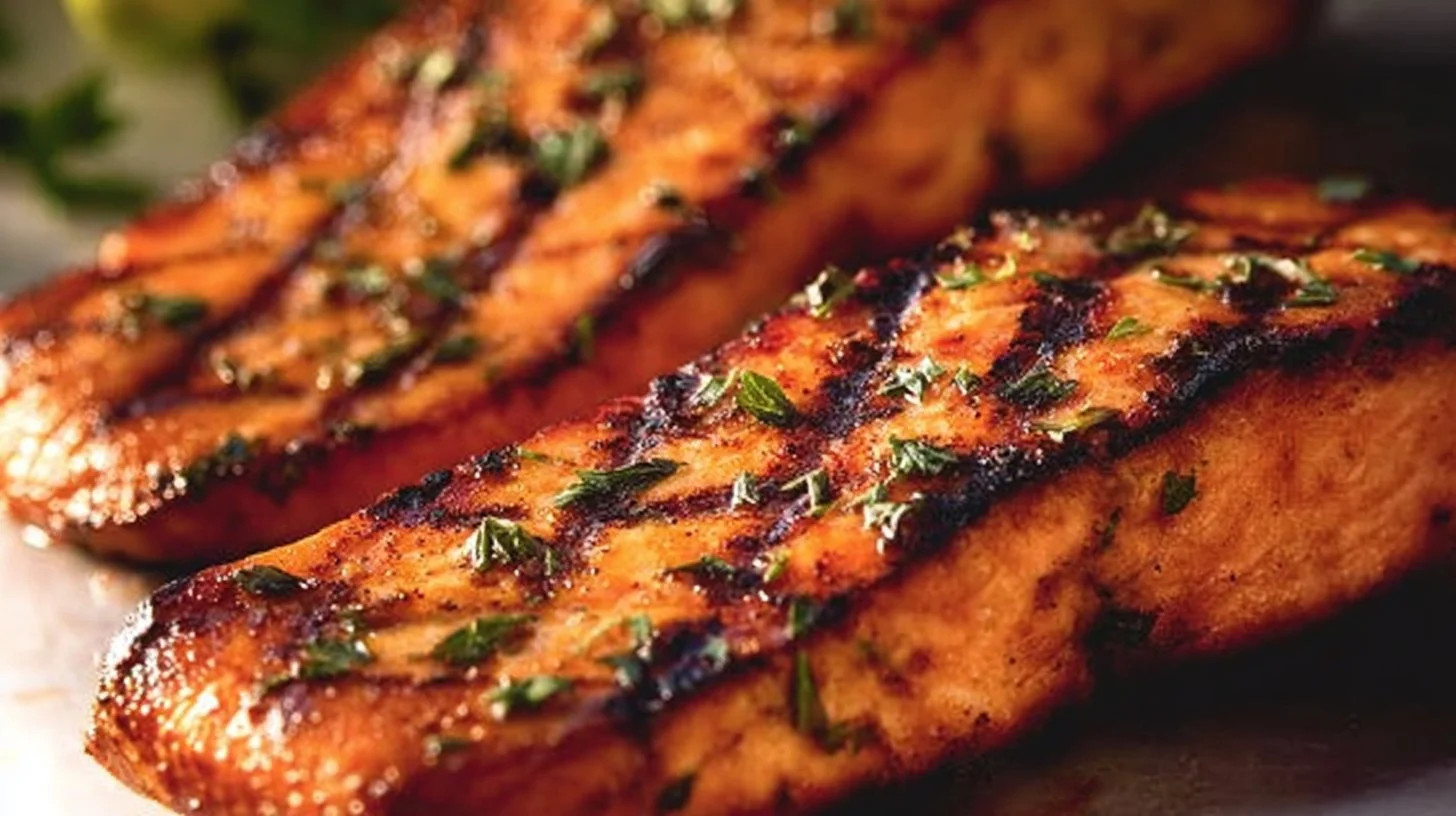 Juicy grilled salmon fillet served on a plate with fresh herbs and lemon slices.