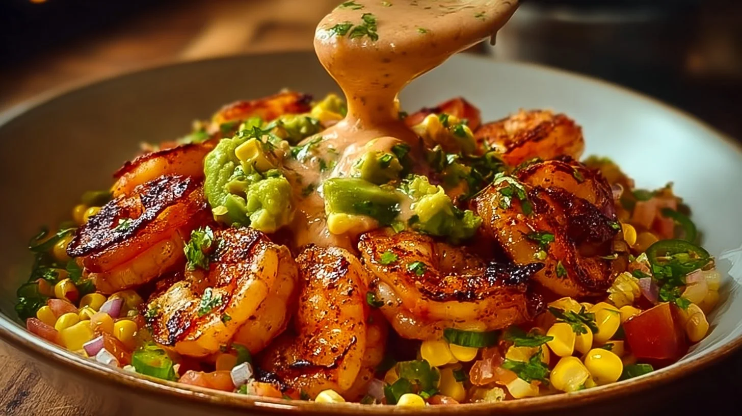Grilled shrimp bowl garnished with fresh avocado slices