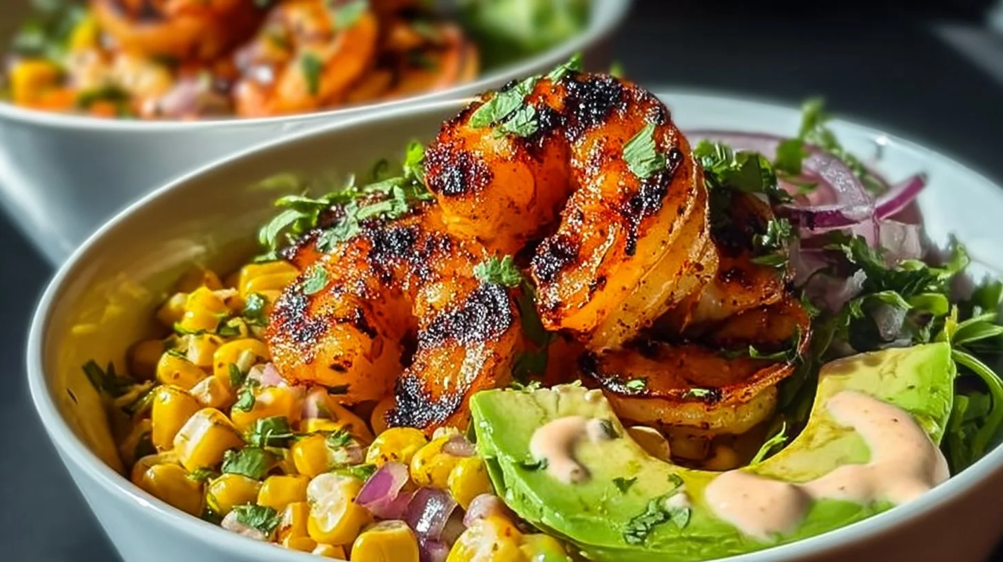 Grilled shrimp bowl topped with fresh avocado for a healthy meal