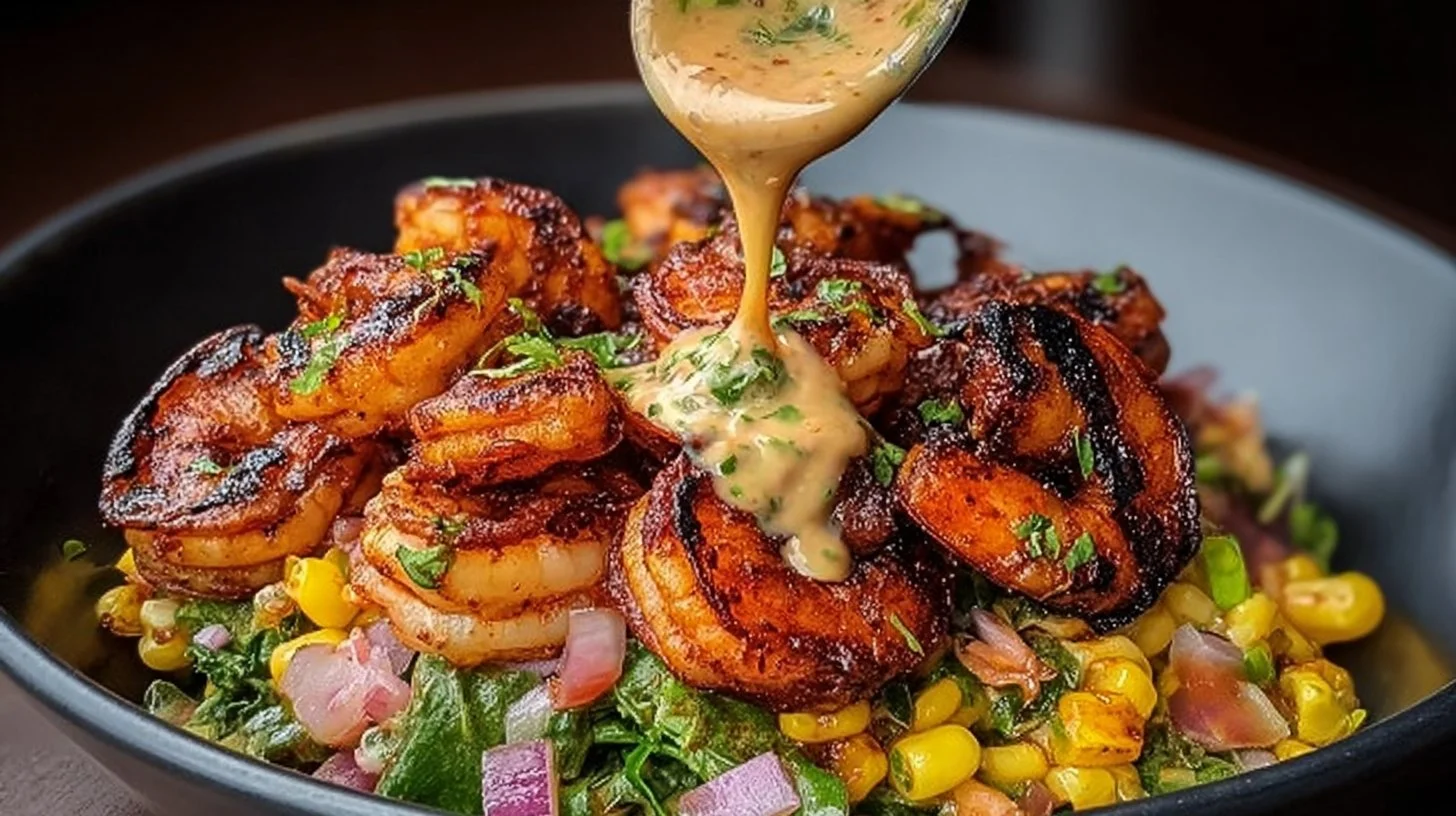 Delicious grilled shrimp bowl topped with avocado and fresh ingredients