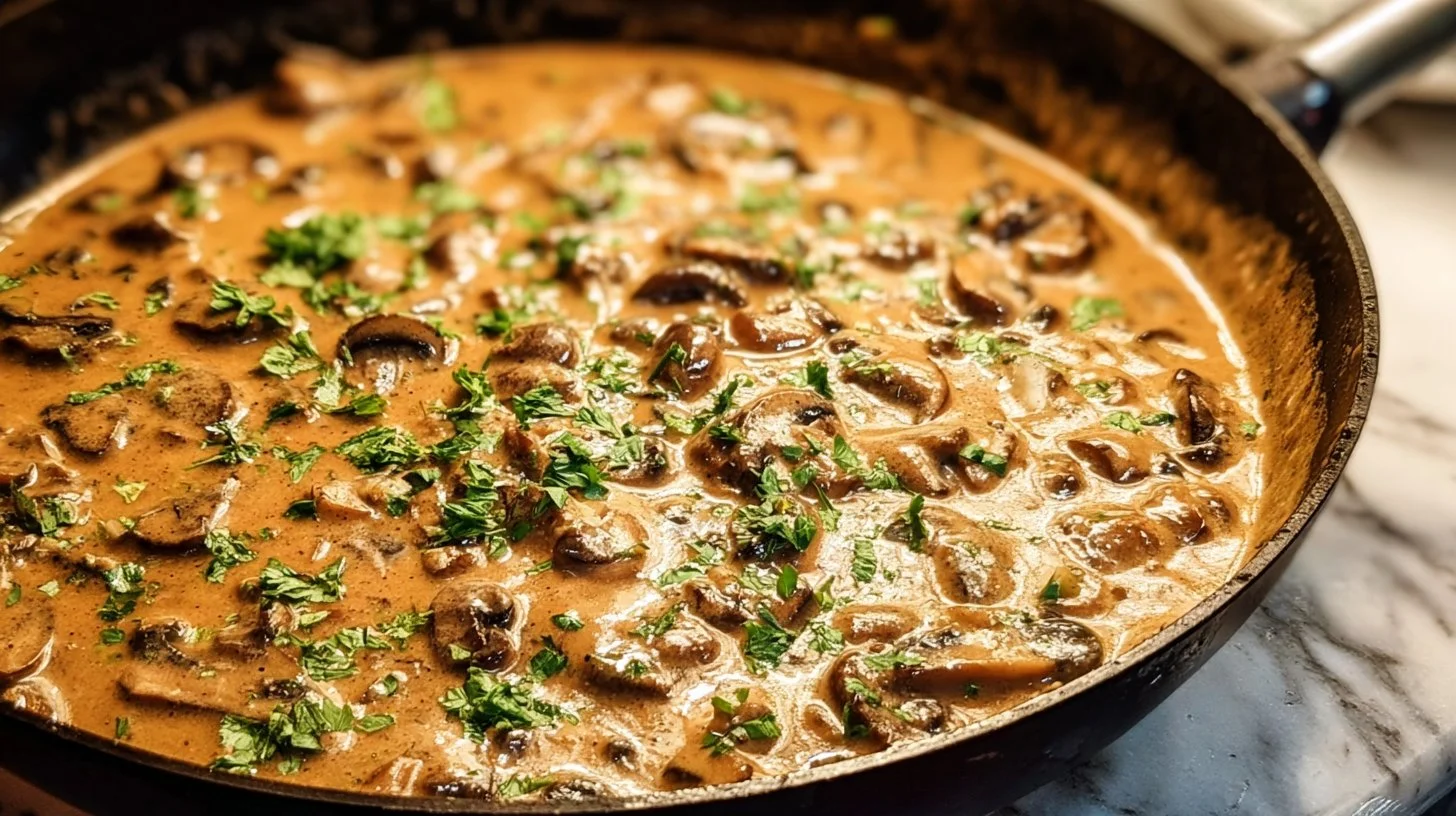 Homemade mushroom cream sauce poured over pasta in a bowl